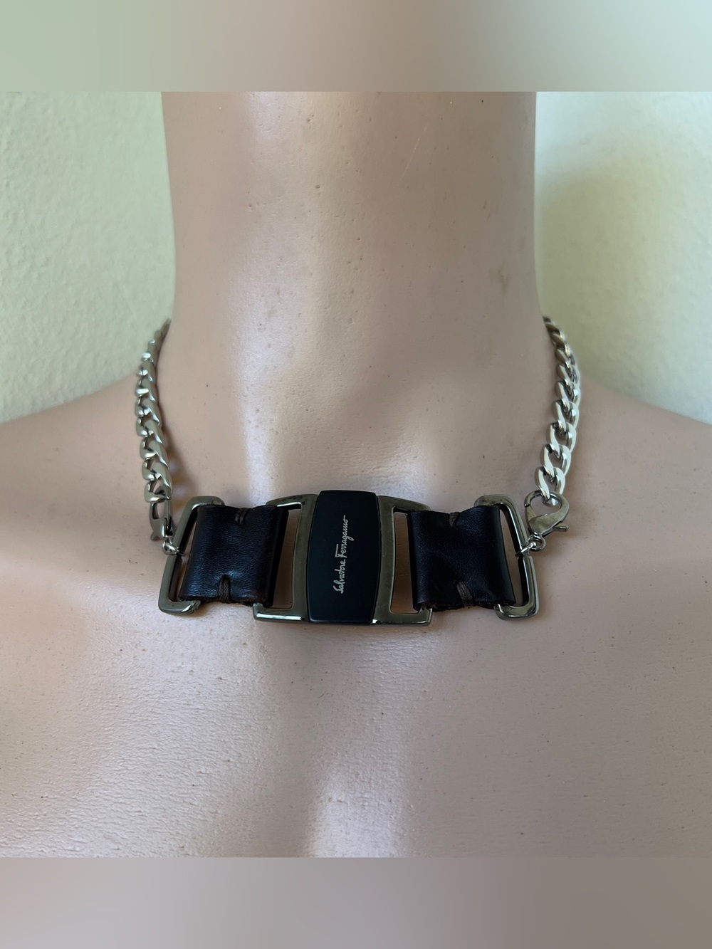 Men’s Ferragamo x Junk You! Rescued Unisex Leather Curb Chain Necklace 19”